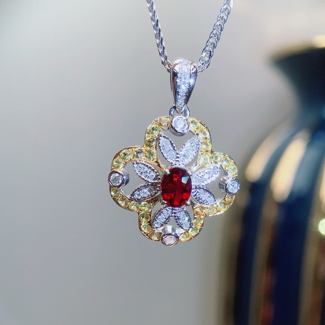 14k Gold 0.40 Ct Natural Ruby & Diamond & Sapphire Pendant( Without Chain ) - 6
