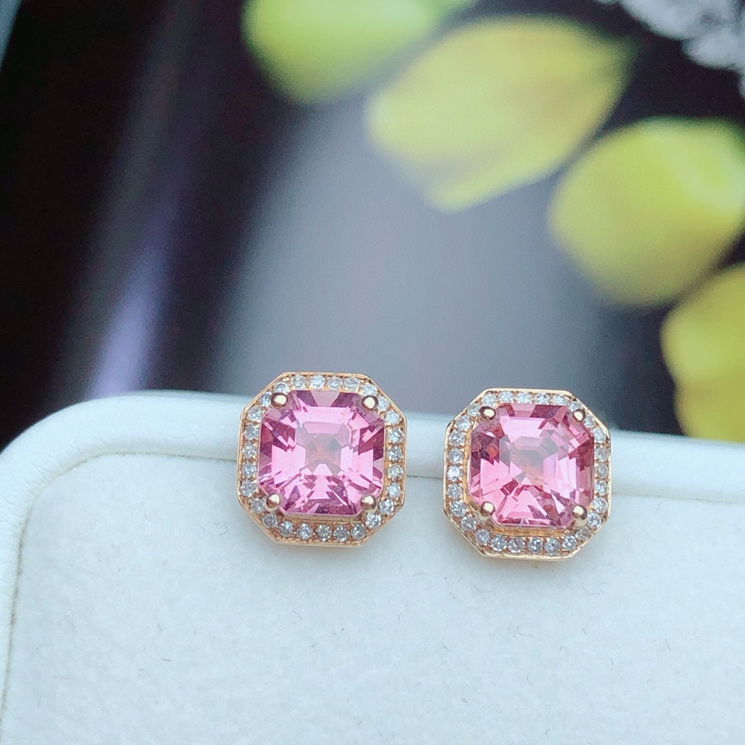 14k Gold 1.54 Ct Natural Tourmaline & Diamond Earrings: Ref:230955209 // gold content:14k gold // main gemstone:tourmaline // shape:octagonal // carat weight:1. 54ct // color:pink // treatment:natural // // adjacent gemstone 2 : diamond // number of stones