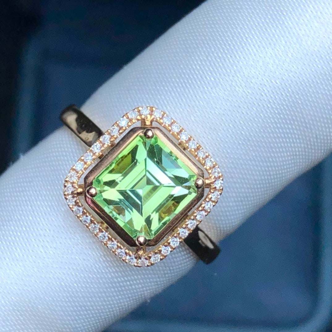 14k Gold 2 Ct Natural Tourmaline & Diamond Ring: Ref:230955214 // gold content:14k gold // ring size:7. 25us // // main gemstone:tourmaline // shape:asscher // carat weight:2ct // color:green // treatment:natural // // adjacent gemstone 2 :