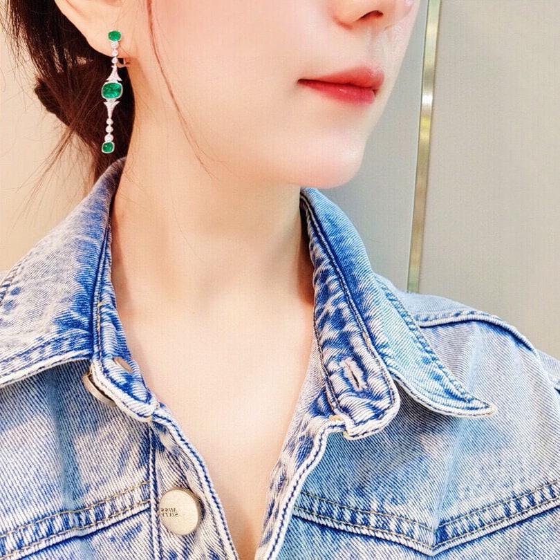 14k Gold 4.27 Ctw Vivid Green Natural Emerald & Diamond Earrings - 4