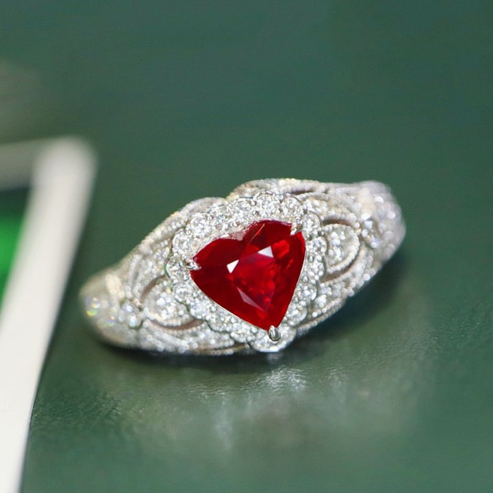 14k Gold 1.49 Ctw Natural Ruby & Diamond Ring: Ref:230955216 // gold content:14k gold // ring size:7. 25us // // main gemstone:ruby // shape:heart // carat weight:1ct // color:pigeonblood red // treatment:natural // // adjacent gemstone 2 :