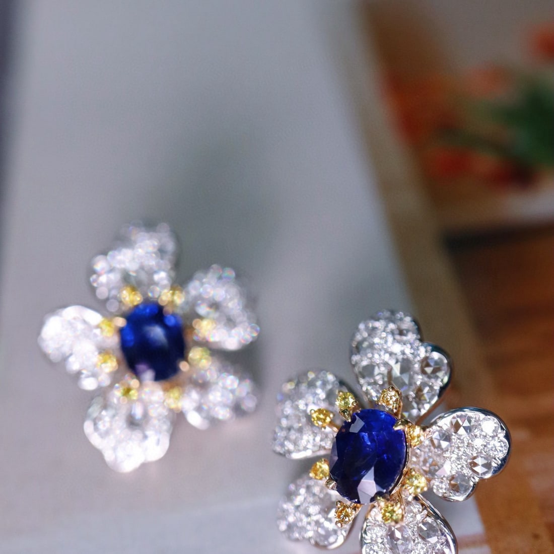 14k Gold 3.65 Ctw Natural Sapphire & Diamond & Flowers Earrings: Ref:230955220 // gold content:14k gold // main gemstone:sapphire // shape:oval // carat weight:2. 06ct // color:royal blue // treatment:natural // // adjacent gemstone 2 : diamond // shape:round // ca