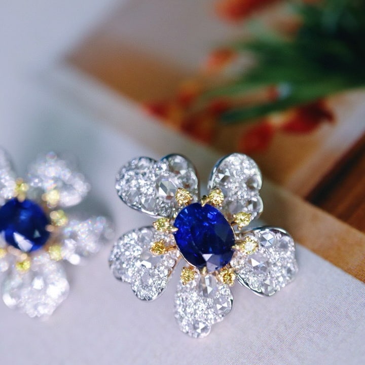 14k Gold 3.65 Ctw Natural Sapphire & Diamond & Flowers Earrings - 2