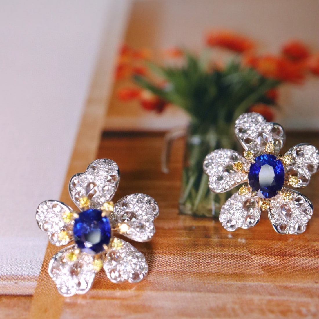14k Gold 3.65 Ctw Natural Sapphire & Diamond & Flowers Earrings - 5