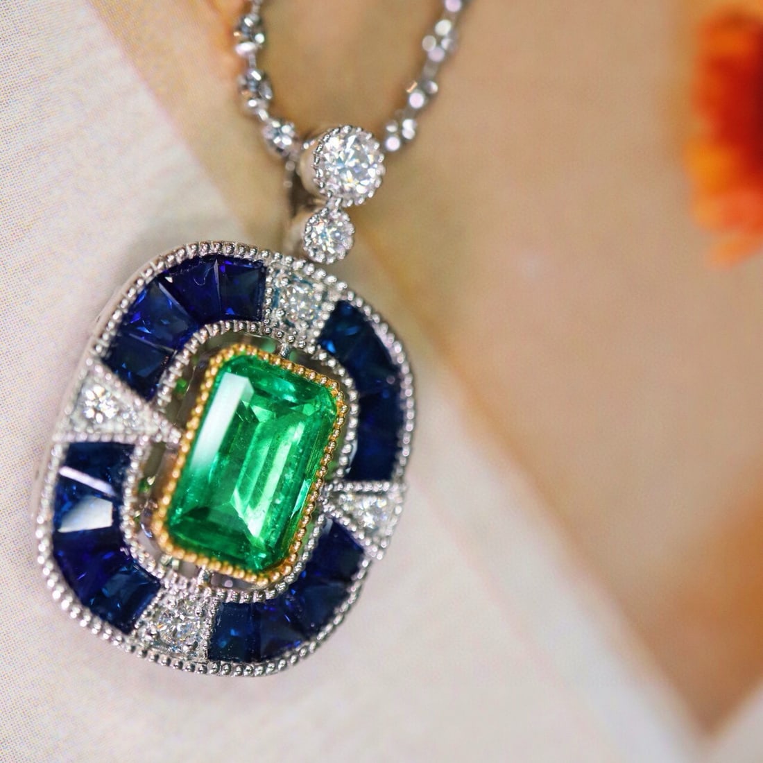 14k Gold 3.05 Ctw Vivid Green Natural Emerald & Sapphire & Art Deco Pendant( Without Chain ) - 2
