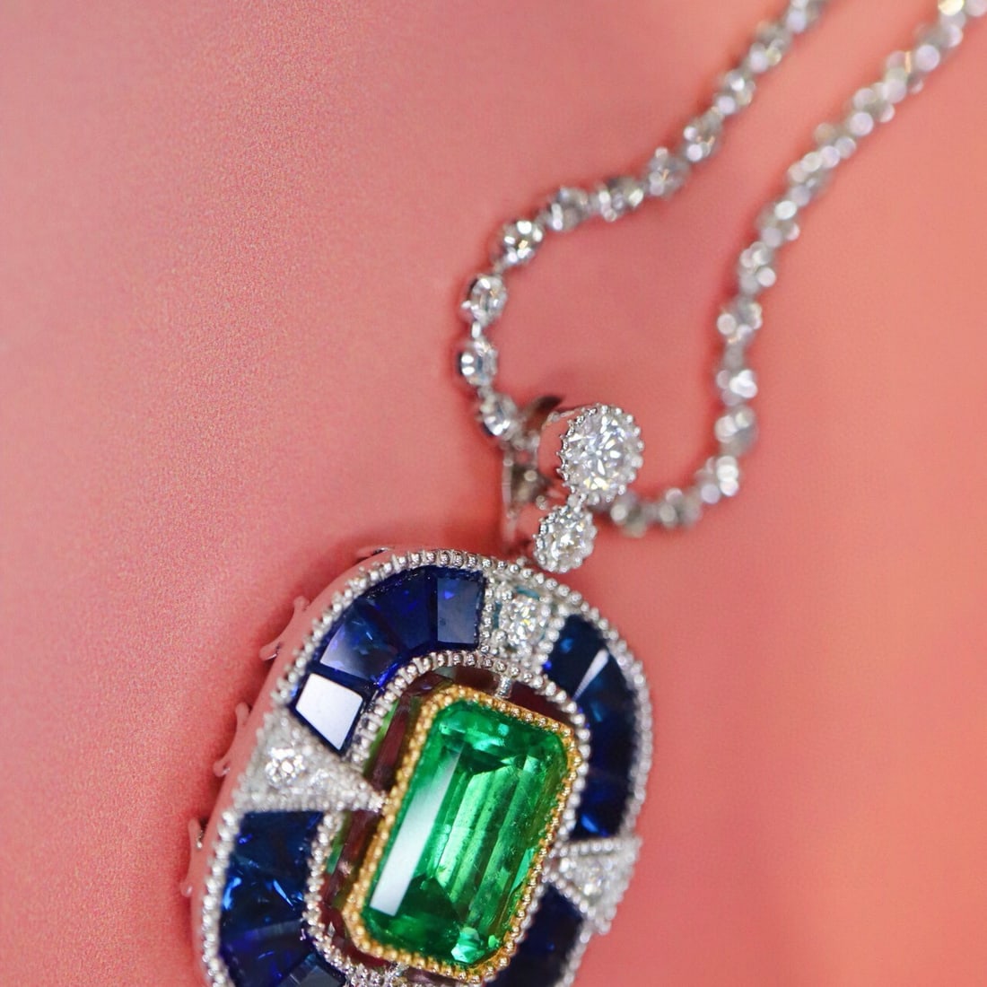 14k Gold 3.05 Ctw Vivid Green Natural Emerald & Sapphire & Art Deco Pendant( Without Chain ) - 3