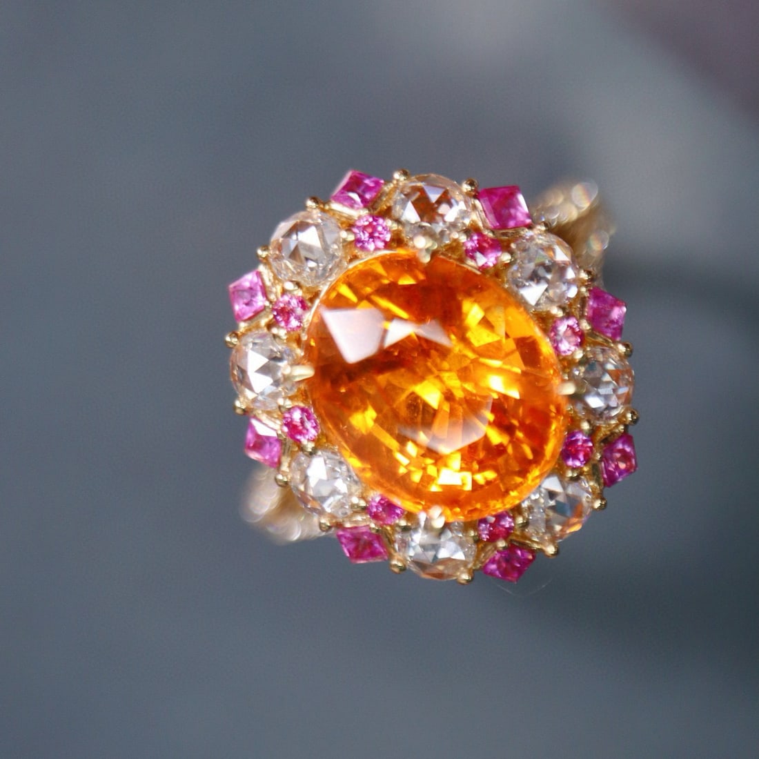 14k Gold 5.13 Ctw Natural Spessartine & Diamond Ring: Ref:230955222 // gold content:14k gold // ring size:7. 25us // // main gemstone:spessartine // shape:oval // carat weight:4. 42ct // color:orange // treatment:natural // // adjacent gemstone 2 :