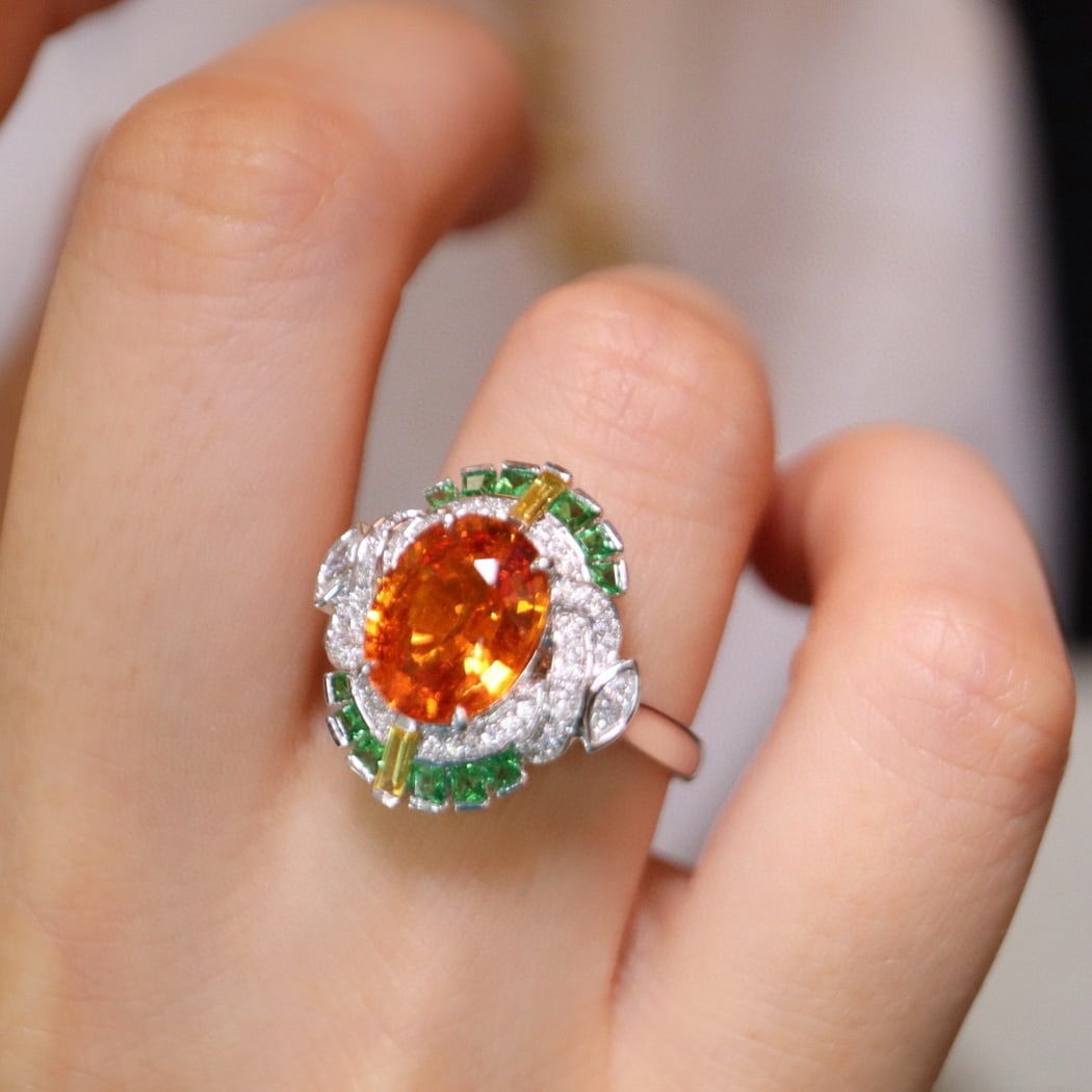 14k Gold 3.30 Ct Natural Spessartine & Diamond & Tsavorite & Sapphire Ring - 3