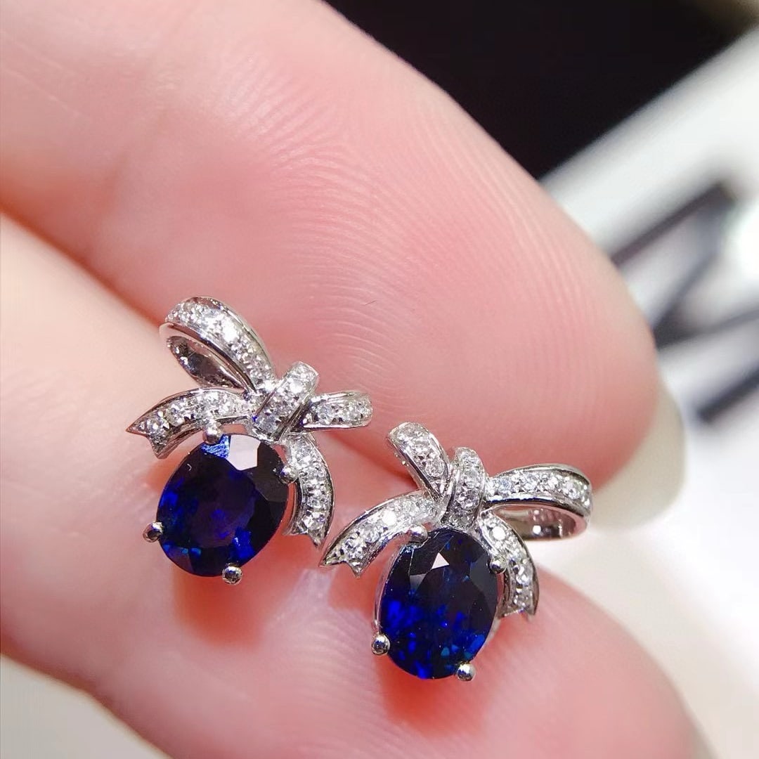14k Gold 1.18 Ctw Vivid Blue Natural Sapphire & Diamond Earrings - 2
