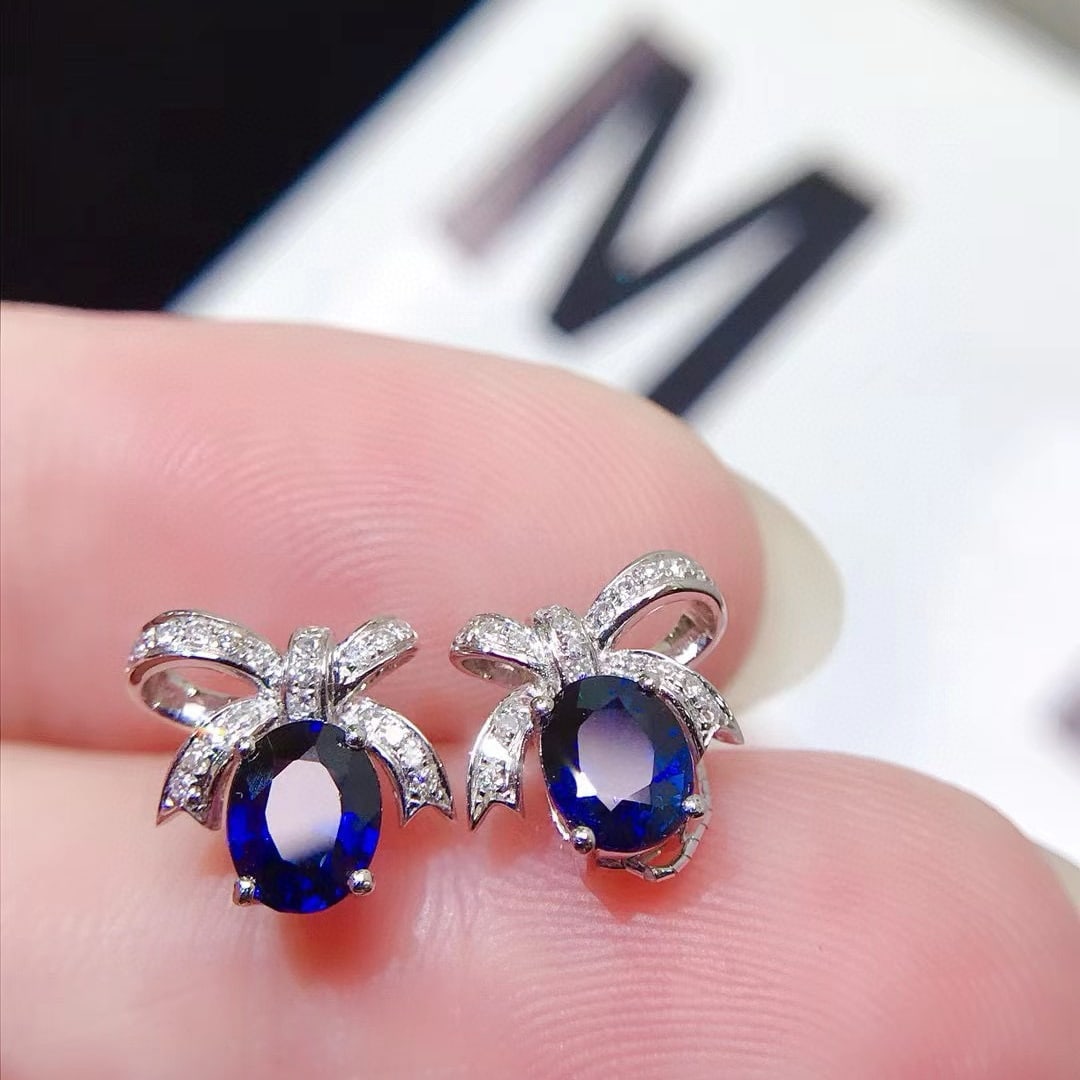 14k Gold 1.18 Ctw Vivid Blue Natural Sapphire & Diamond Earrings - 3