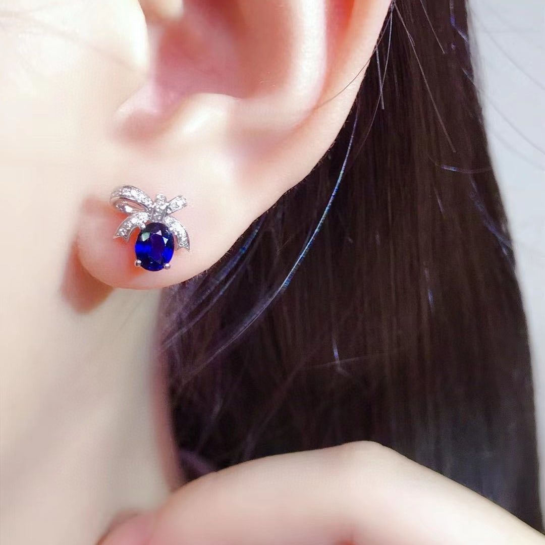 14k Gold 1.18 Ctw Vivid Blue Natural Sapphire & Diamond Earrings - 4