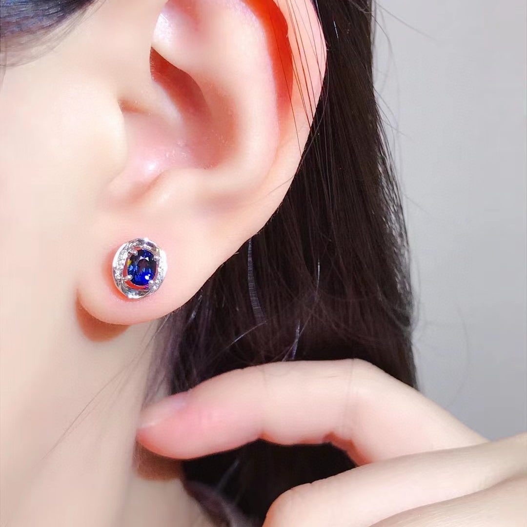 14k Gold 1.25 Ctw Vivid Blue Natural Sapphire & Diamond Earrings - 2