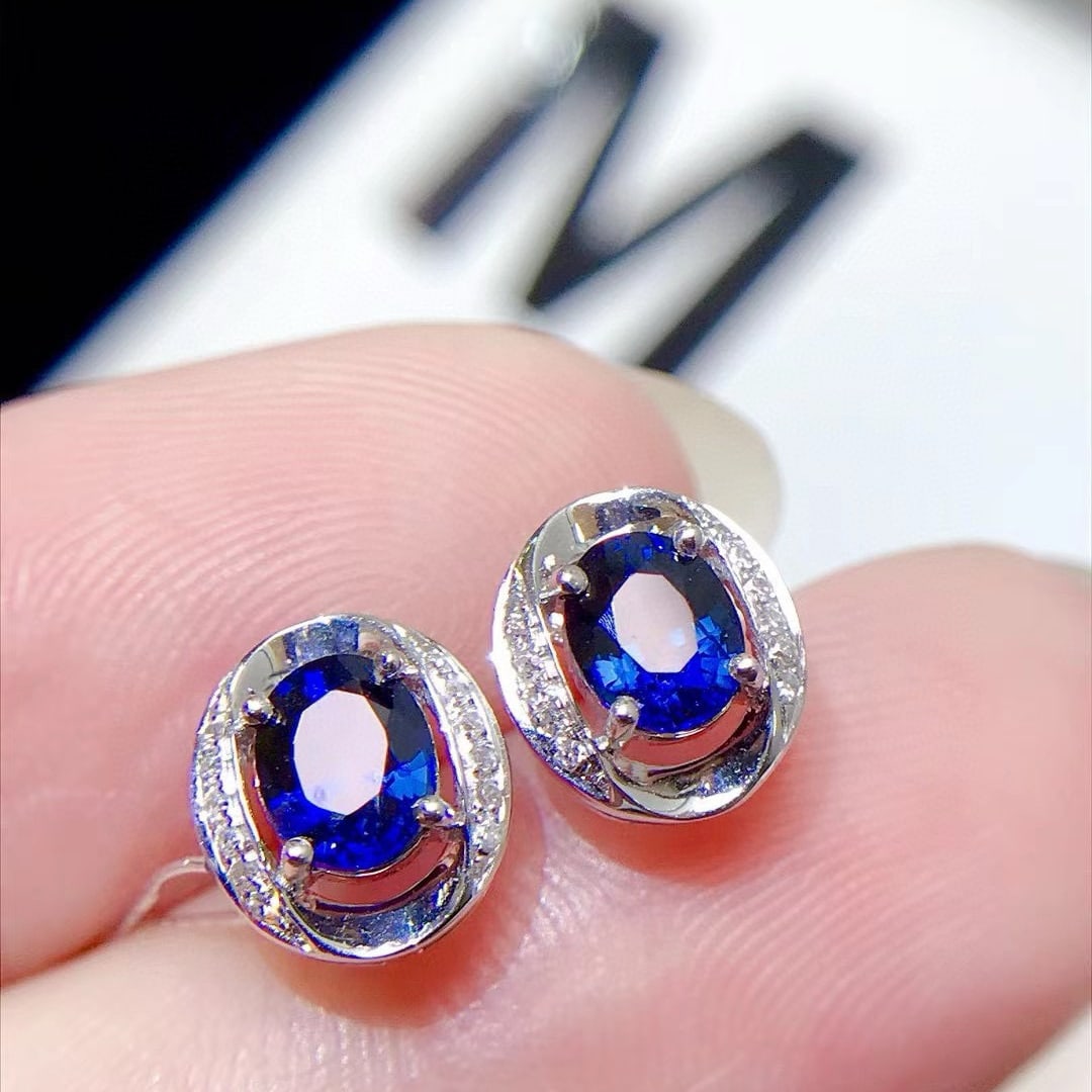 14k Gold 1.25 Ctw Vivid Blue Natural Sapphire & Diamond Earrings - 3