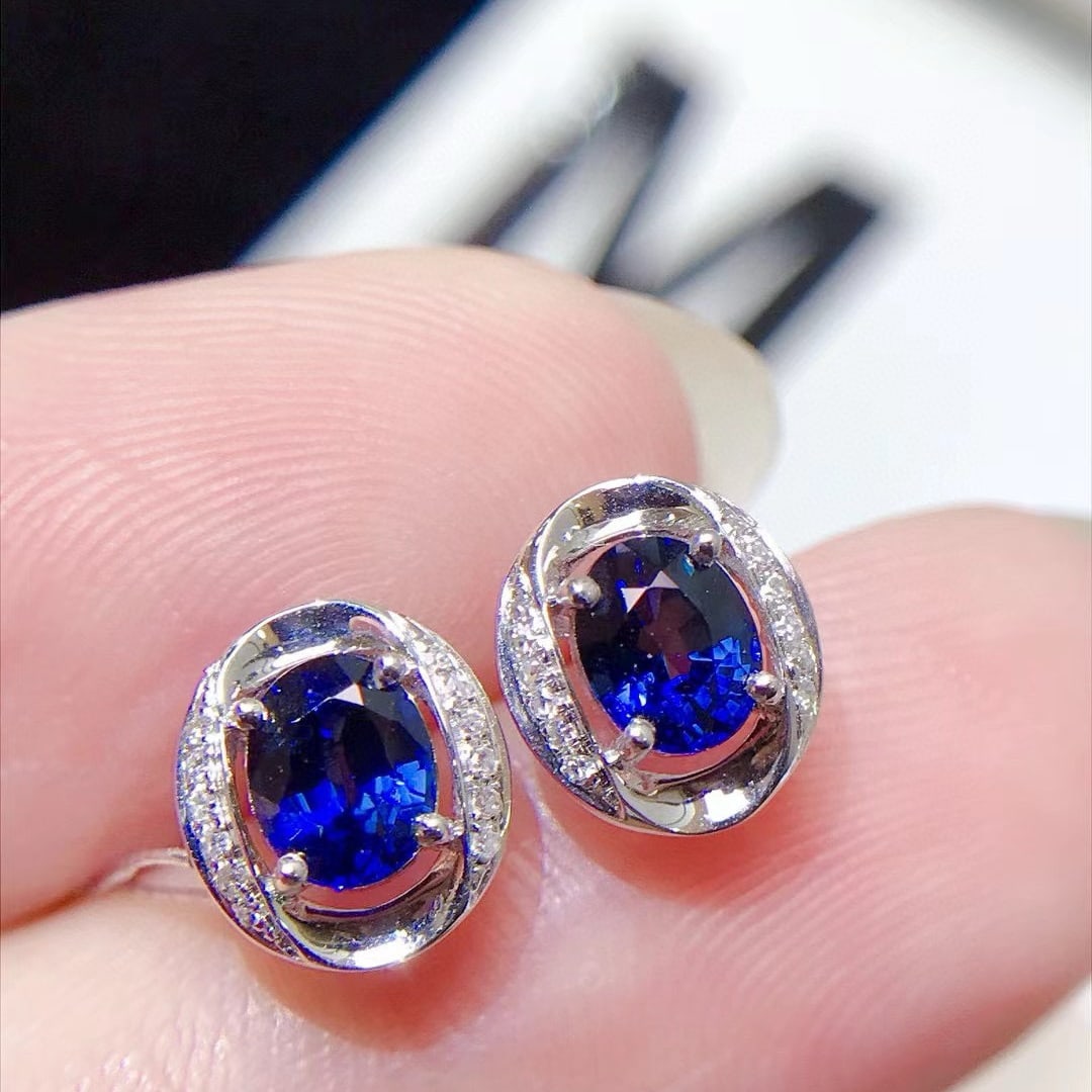 14k Gold 1.25 Ctw Vivid Blue Natural Sapphire & Diamond Earrings - 4