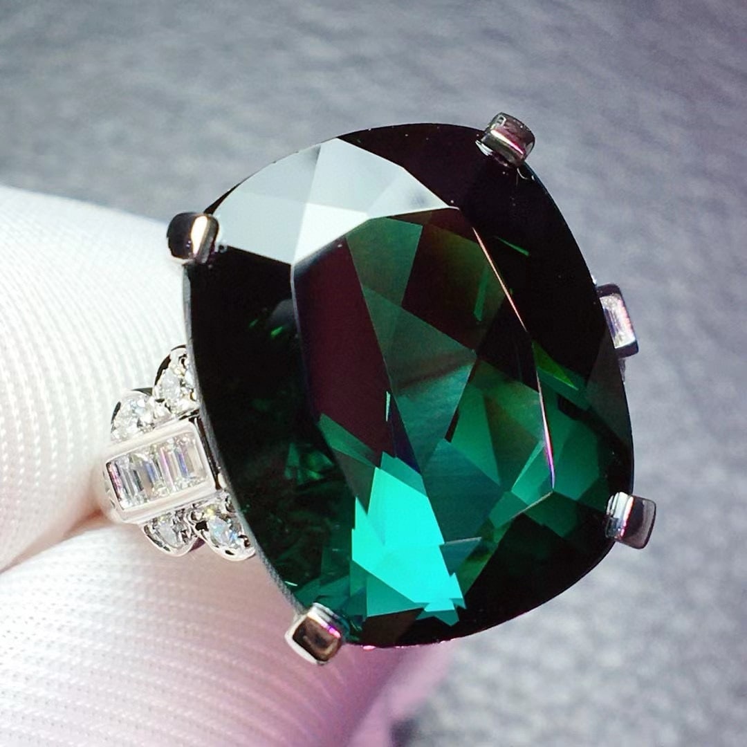 14k Gold 17.48 Ctw Natural Tourmaline & Diamond Ring: Ref:230955236 // gold content:14k gold // ring size:7. 25us // // main gemstone:tourmaline // shape:cushion // carat weight:17. 2ct // color:green // treatment:natural // // adjacent gemstone 2 :