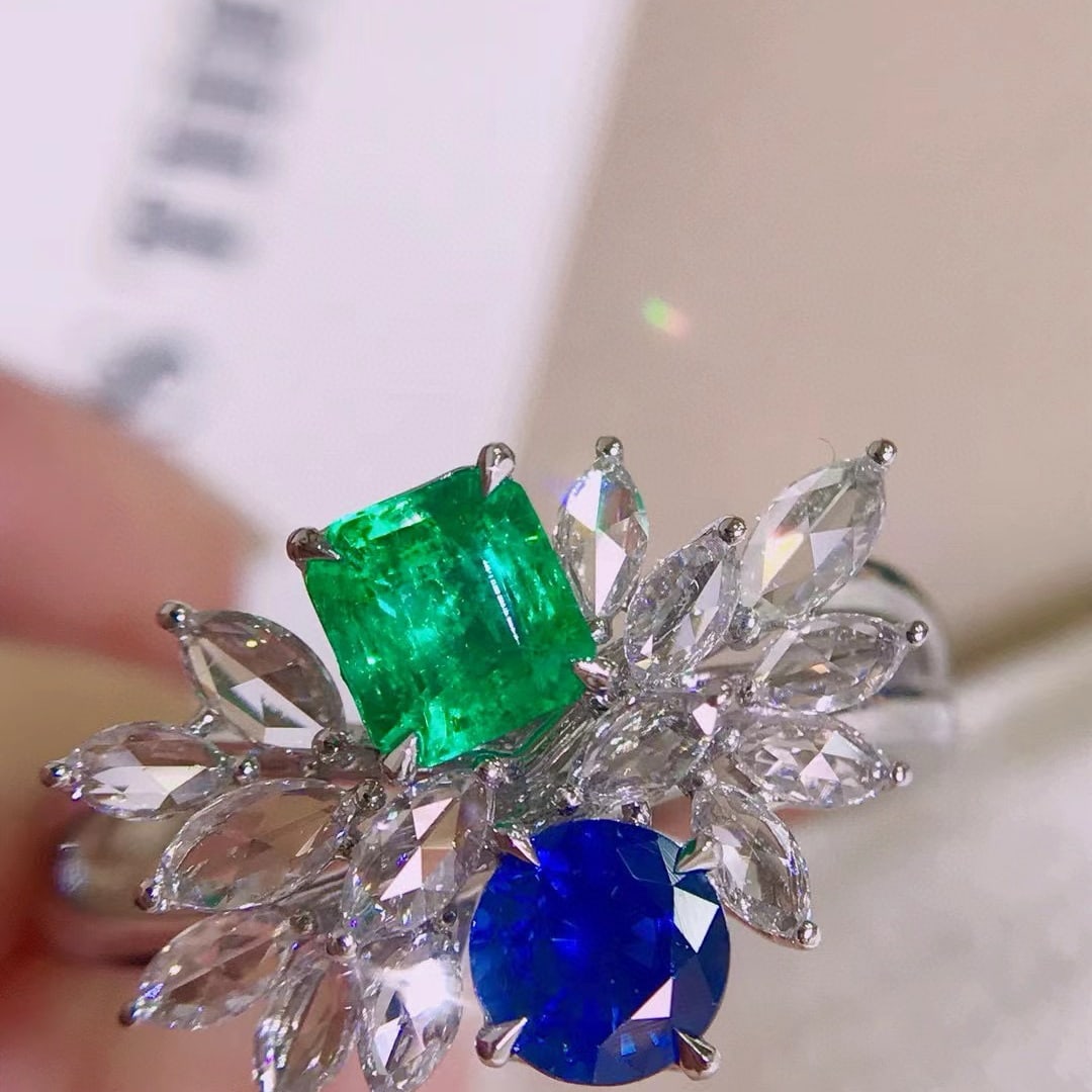 14k Gold 1.66 Ctw Natural Emerald & Sapphire & Diamond Ring: Ref:230955238 // gold content:14k gold // ring size:7. 25us // // main gemstone:emerald & sapphire // shape:octagonal & round // carat weight:1. 1ct // color:green & blue // treatment:natural // 