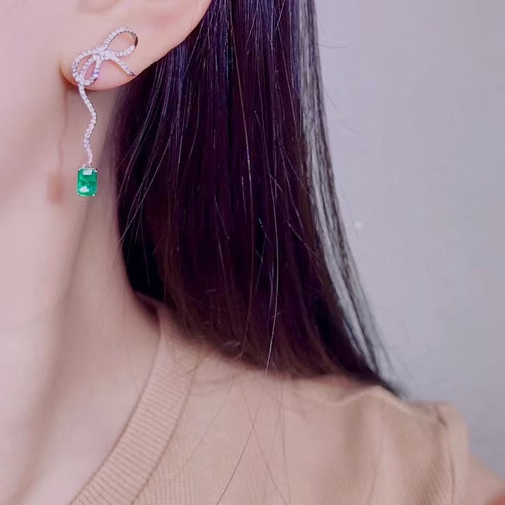 14k Gold 1.78 Ctw Vivid Green Natural Emerald & Diamond Earrings - 2