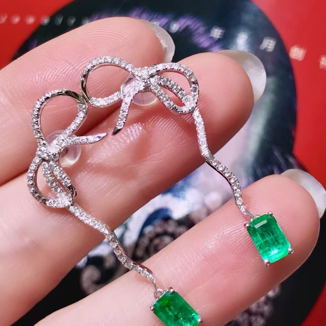 14k Gold 1.78 Ctw Vivid Green Natural Emerald & Diamond Earrings - 3