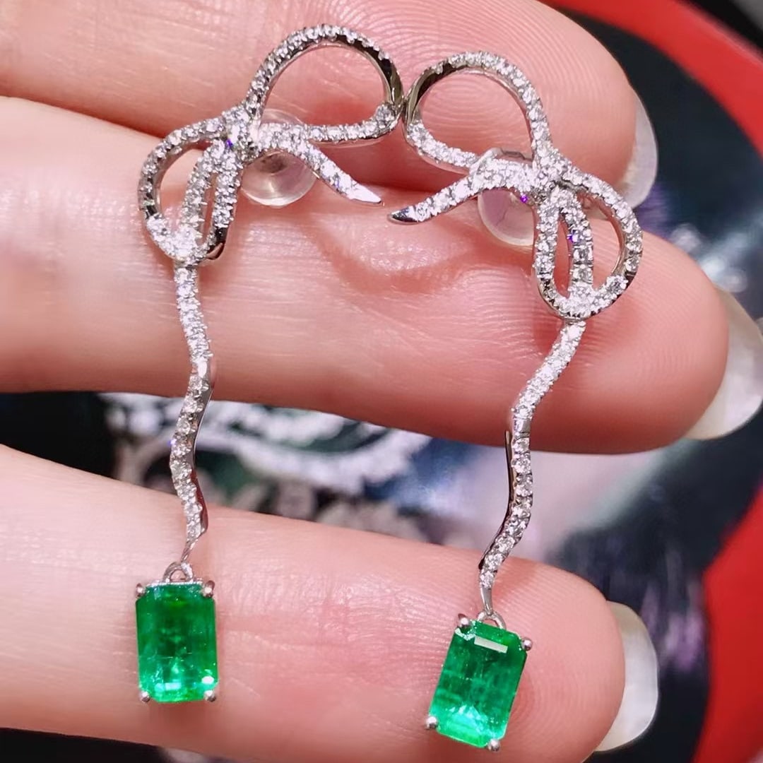 14k Gold 1.78 Ctw Vivid Green Natural Emerald & Diamond Earrings - 4