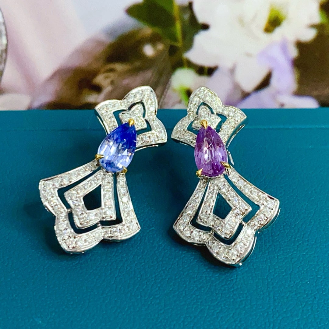 14k Gold 2.80 Ctw Natural Sapphire & Diamond Earrings - 4