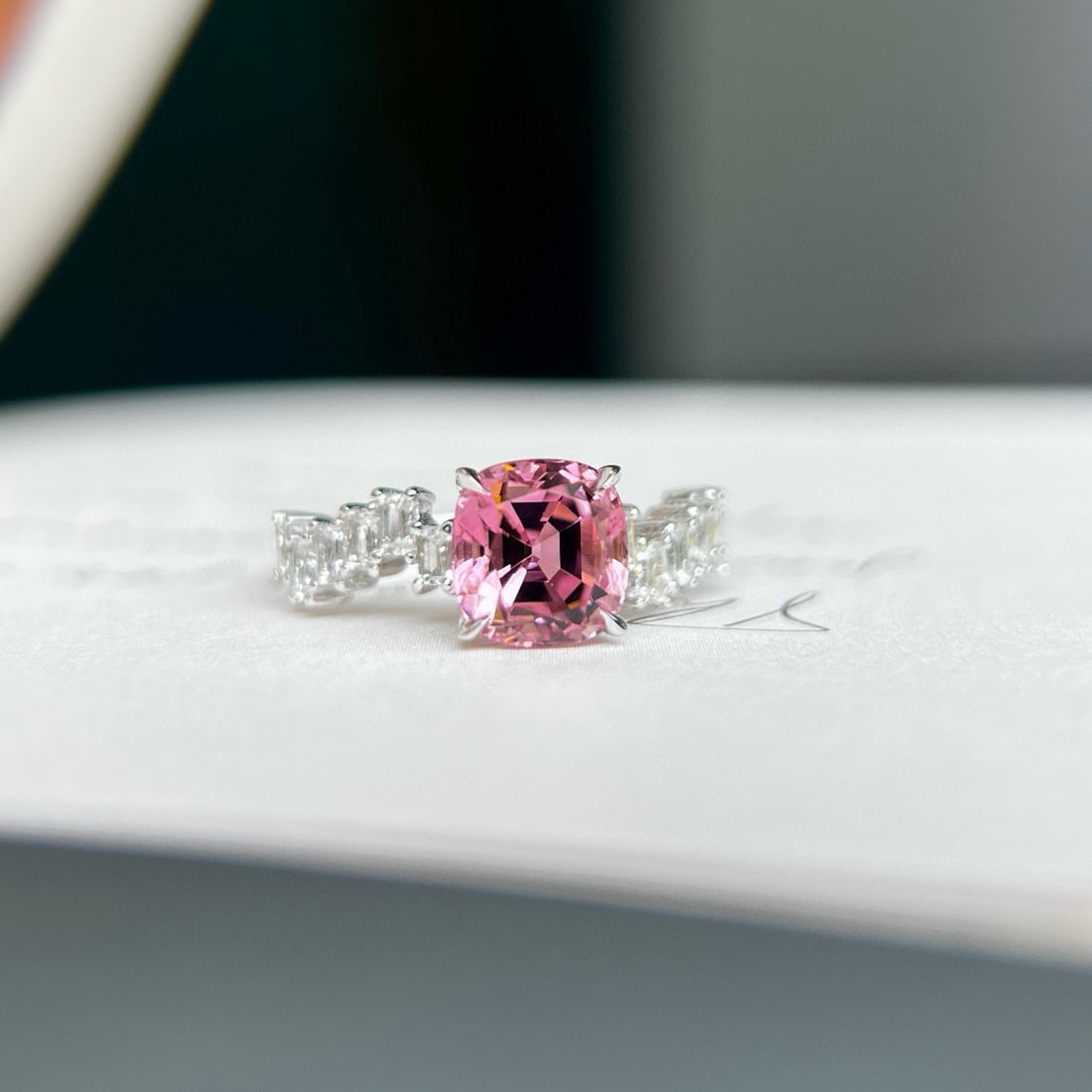 14k Gold 2.60 Ctw Natural Tourmaline & Sapphire Ring: Ref:230955248 // gold content:14k gold // ring size:7. 25us // // main gemstone:tourmaline // shape:cushion // carat weight:2. 02ct // color:pink // treatment:natural // // adjacent gemstone 2 :