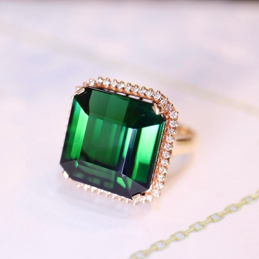 14k Gold 24.38 Ct Natural Tourmaline & Diamond Ring - 2