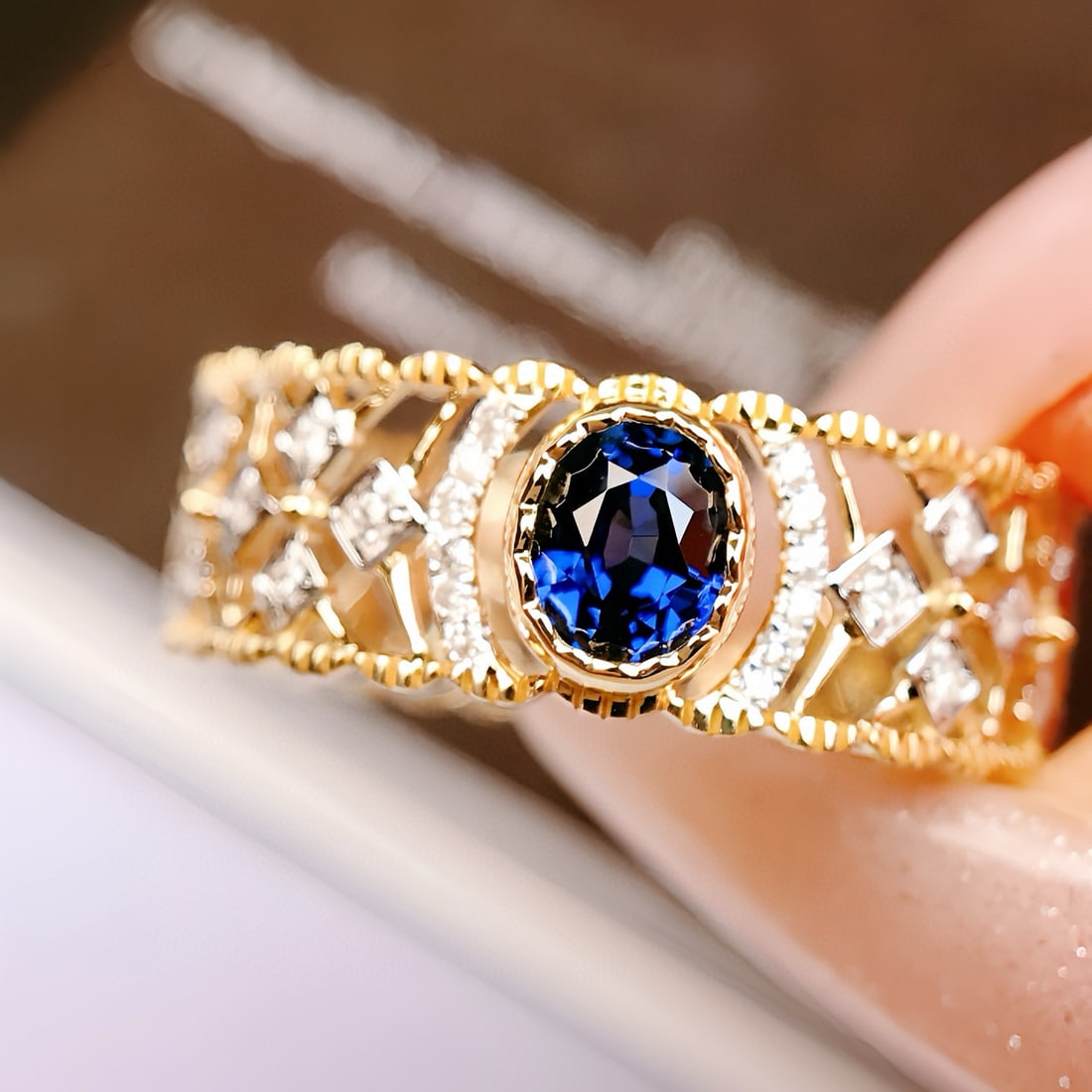 14k Gold 0.52 Ctw Vivid Blue Natural Sapphire & Diamond Ring: Ref:230956015 // gold content:14k gold // ring size:7. 25us // // main gemstone:sapphire // shape:oval // carat weight:0. 45ct // color:vivid blue // treatment:natural // // adjacent gemstone 2 : diam