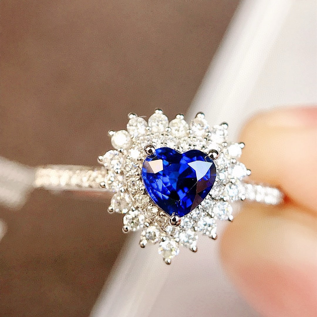 14k Gold 0.81 Ctw Vivid Blue Natural Sapphire & Diamond Ring: Ref:230956022 // gold content:14k gold // ring size:7. 25us // // main gemstone:sapphire // shape:heart // carat weight:0. 52ct // color:vivid blue // treatment:natural // // adjacent gemstone 2 : dia