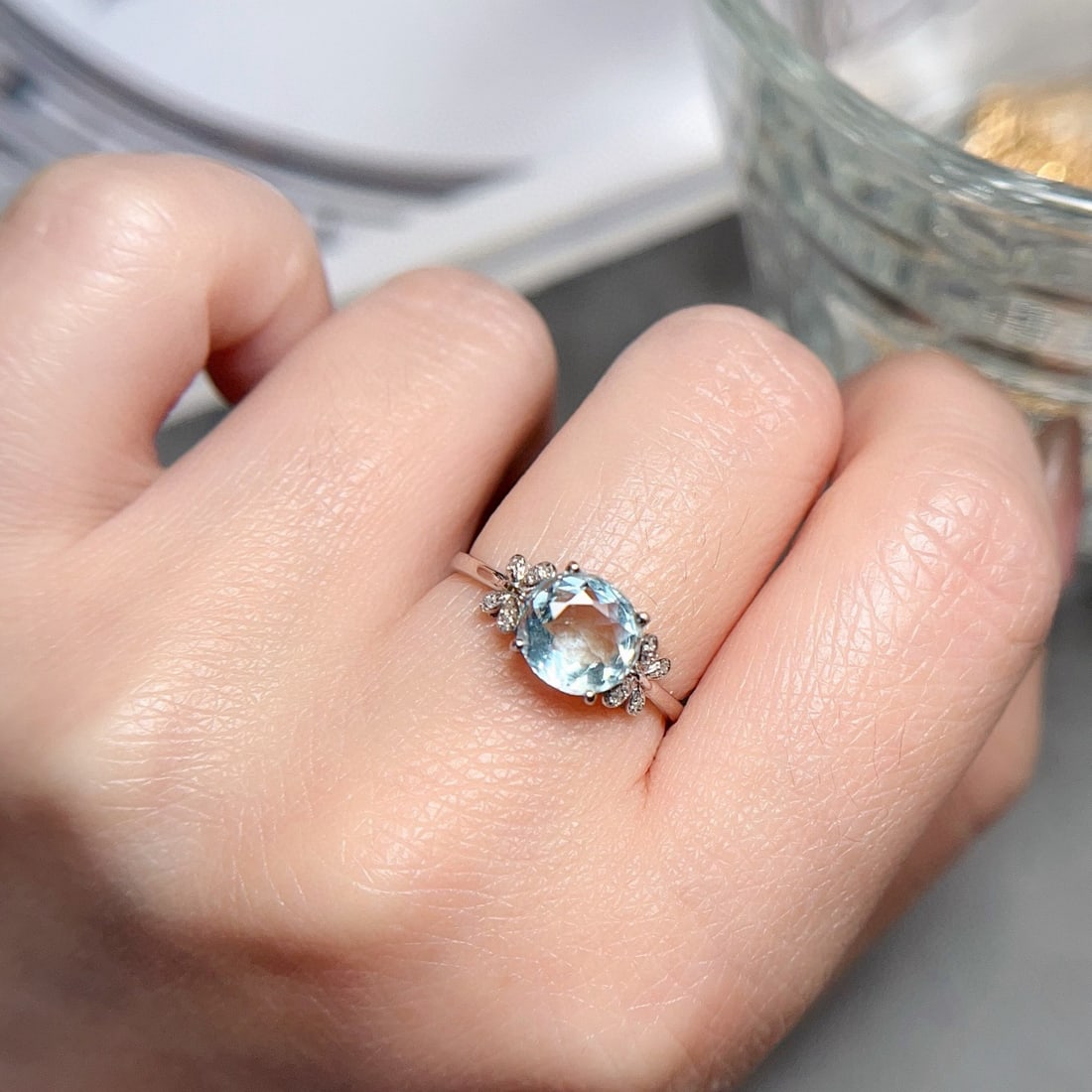 14k Gold 1.2 Ct Natural Aquamarine & Diamond Ring - 5