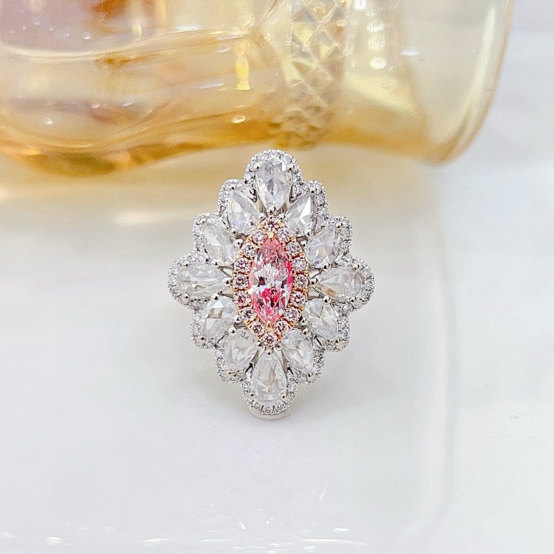 14k Gold 2.15 Ctw Natural Pink Diamond & Diamond Ring/pendant( Without Chain ): Ref:230956082 // gold content:14k gold // ring size:7. 25us // // main gemstone:pink diamond // shape:marquise // carat weight:0. 32ct // color:pink // treatment:natural // // adjacent gemstone 2