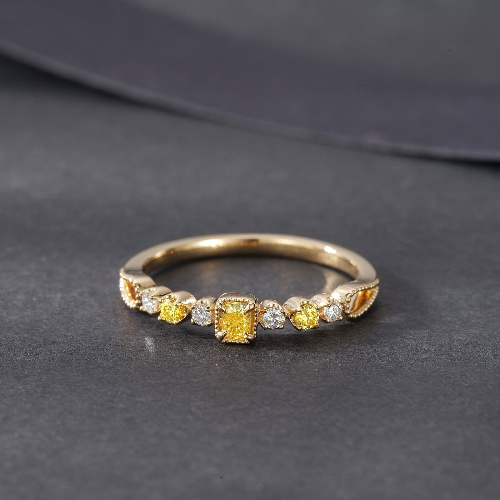 14k Gold 0.25 Ctw Natural Yellow Diamond & Diamond Ring: Ref:230956083 // gold content:14k gold // ring size:7. 25us // // main gemstone:yellow diamond // shape:cushion // carat weight:0. 12ct // color:yellow // treatment:natural // // adjacent gemstone