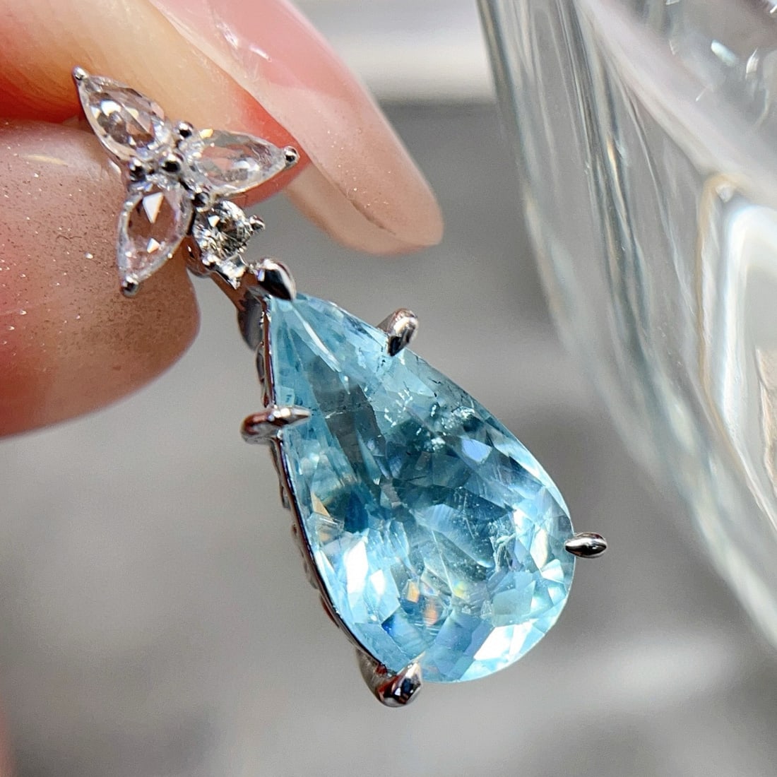 14k Gold 3.5 Ct Natural Aquamarine & Sapphire Pendant( Without Chain ) - 3