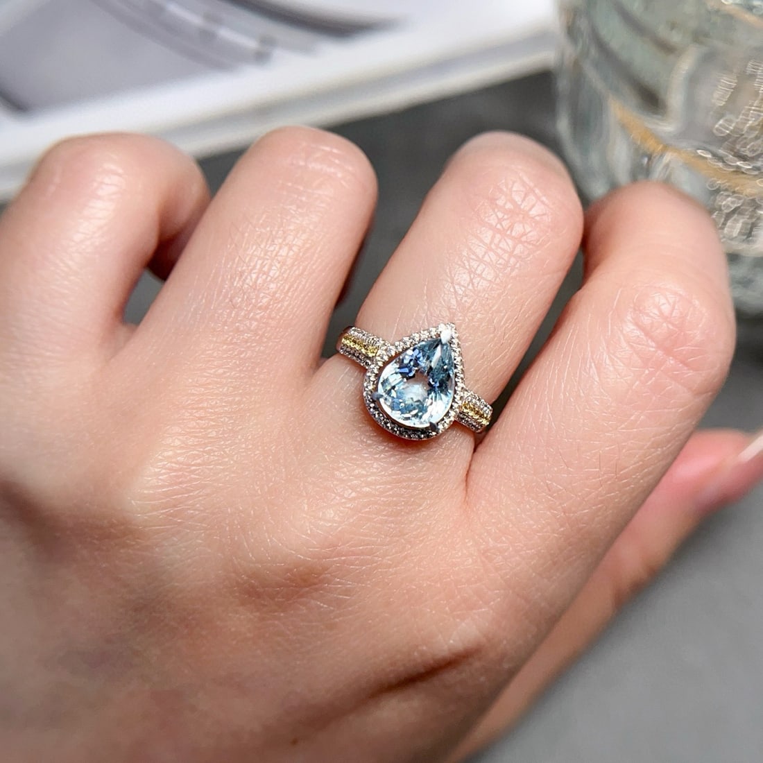 14k Gold 2 Ct Natural Aquamarine & Sapphire & Sapphire Ring - 5