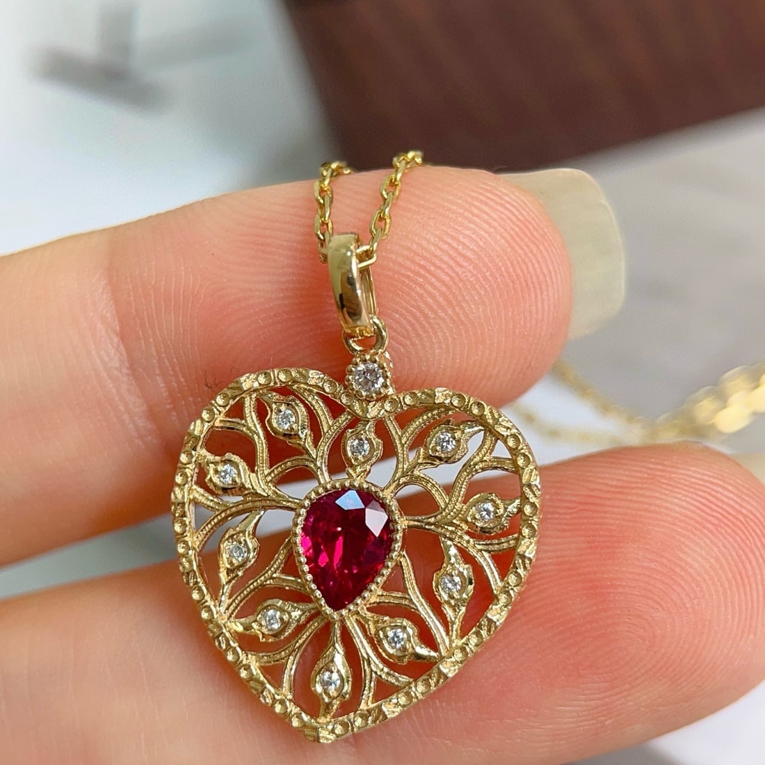 14k Gold 0.58 Ctw Natural Ruby & Diamond Pendant( Without Chain ) - 3