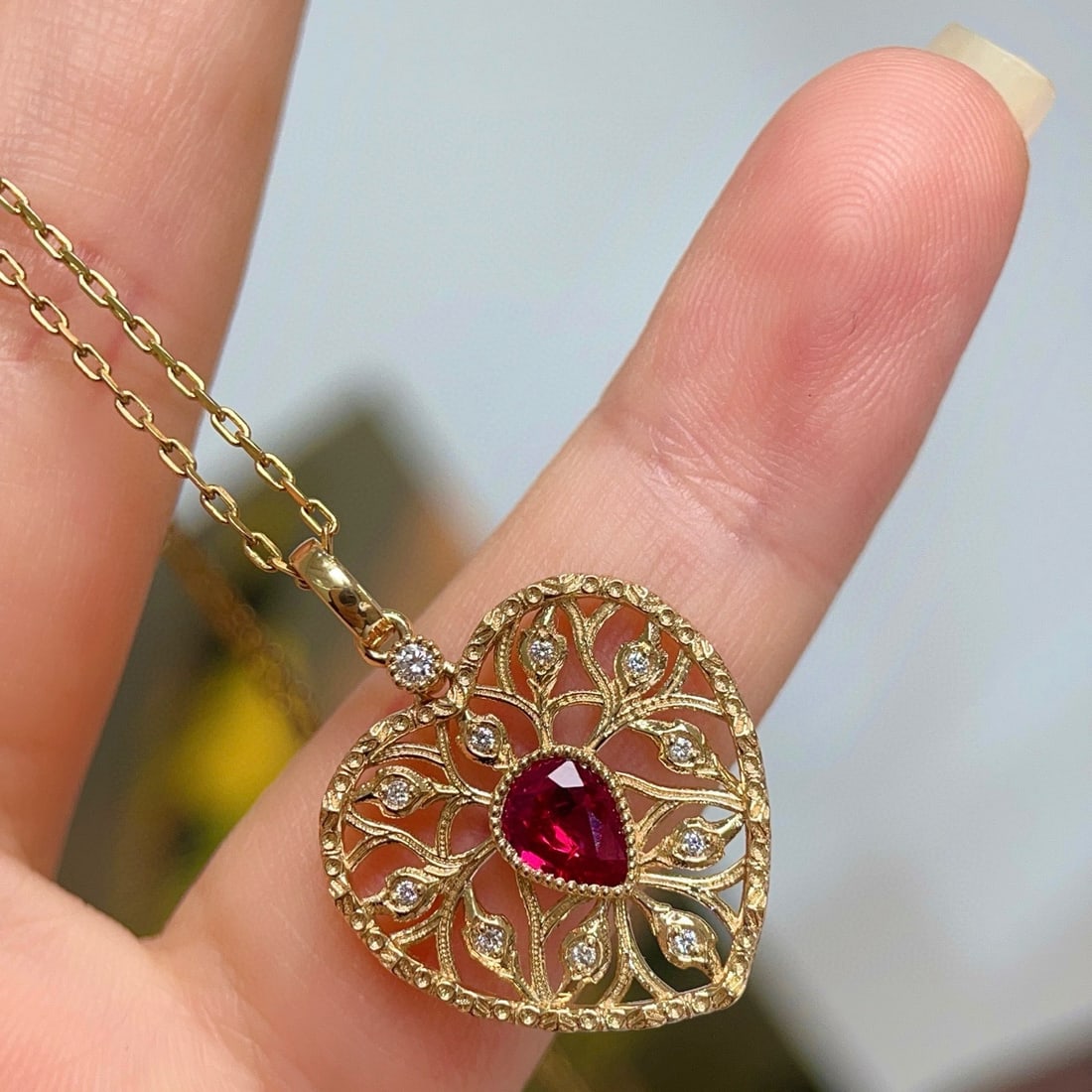 14k Gold 0.58 Ctw Natural Ruby & Diamond Pendant( Without Chain ) - 4