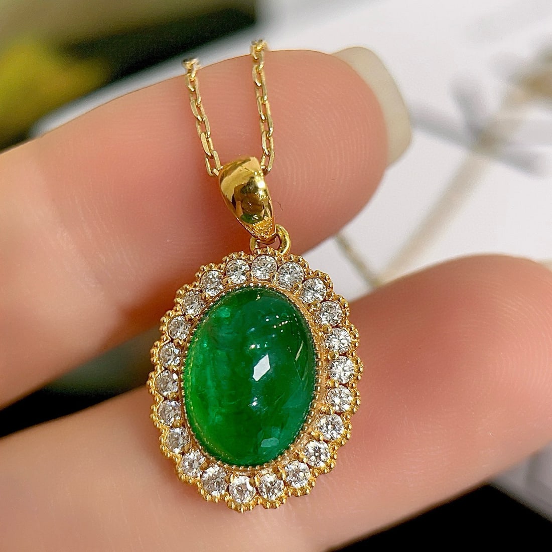 14k Gold 4.03 Ctw Vivid Green Natural Emerald & Diamond Pendant( Without Chain ) - 2