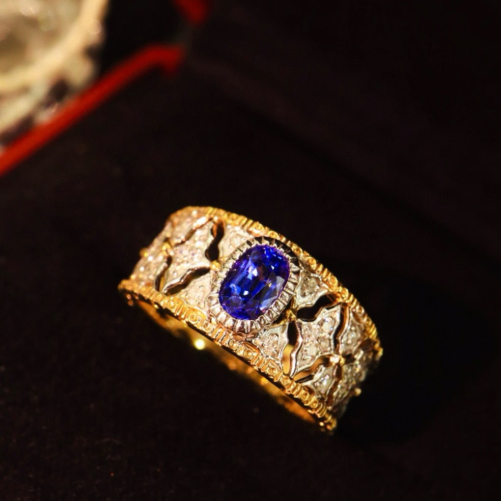 14k Gold 0.87 Ctw Natural Sapphire & Diamond Ring: Ref:230956166 // gold content:14k gold // ring size:7. 25us // // main gemstone:sapphire // shape:oval // carat weight:0. 72ct // color:cornflower blue // treatment:natural // // adjacent gemstone 2 :