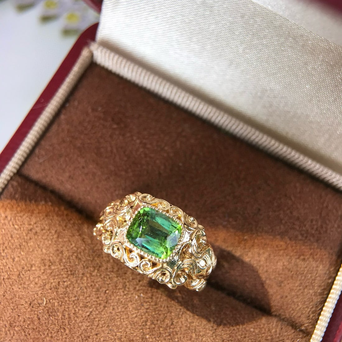 14k Gold 1.38 Ct Natural Tourmaline Ring: Ref:230956174 // gold content:14k gold // ring size:7. 25us // // main gemstone:tourmaline // shape:cushion // carat weight:1. 38ct // color:green // treatment:natural // Condition: NewLow