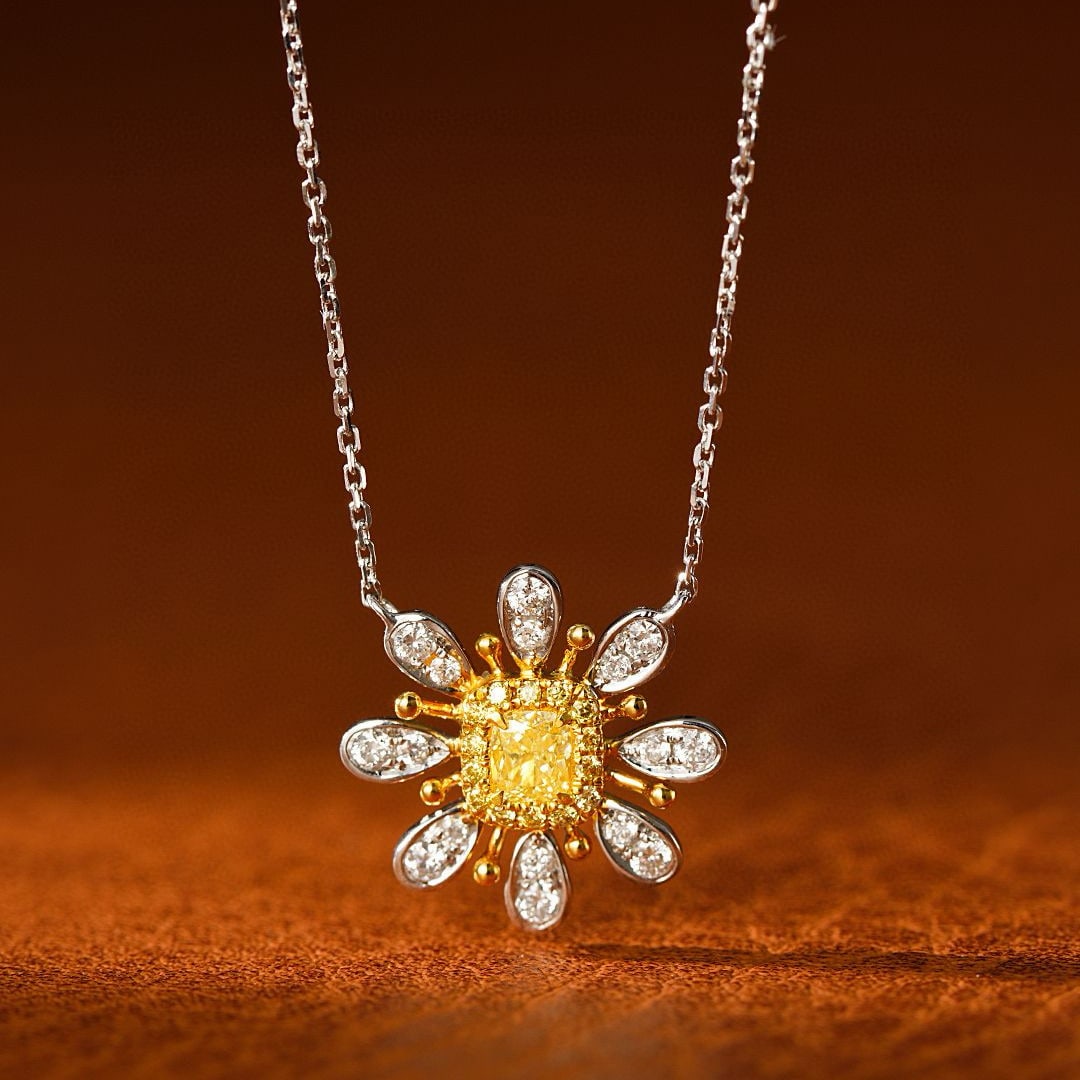 14k Gold 0.42 Ctw Natural Yellow Diamond & Diamond Necklace: Ref:230956183 // gold content:14k gold // main gemstone:yellow diamond // shape:cushion // carat weight:0. 20ct // color:yellow // treatment:natural // // adjacent gemstone 2 : diamond // shape:round