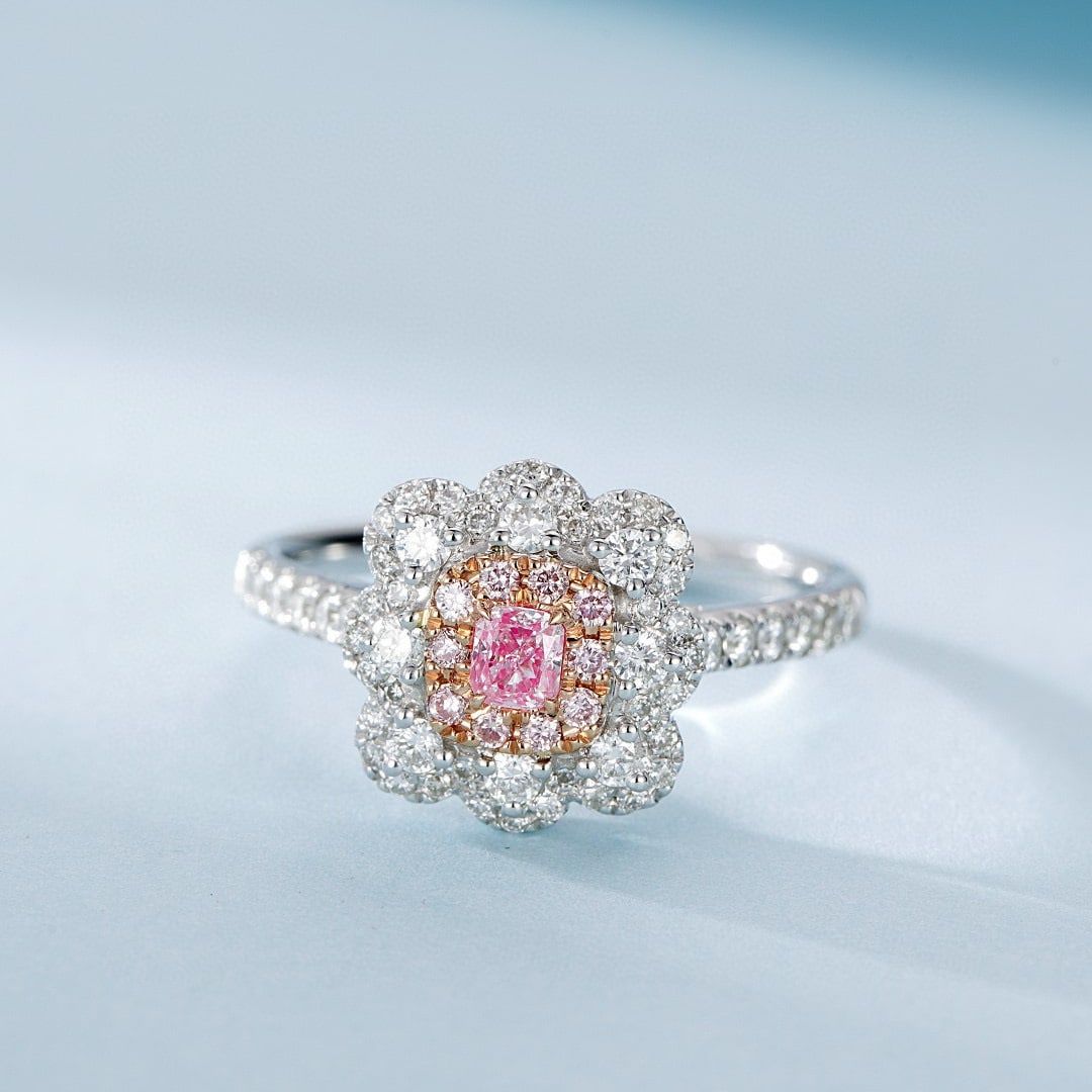 14k Gold 0.66 Ctw Natural Pink Diamond & Diamond Ring: Ref:230956185 // gold content:14k gold // ring size:7. 25us // // main gemstone:pink diamond // shape:cushion // carat weight:0. 14ct // color:pink // treatment:natural // // adjacent gemstone 2 :