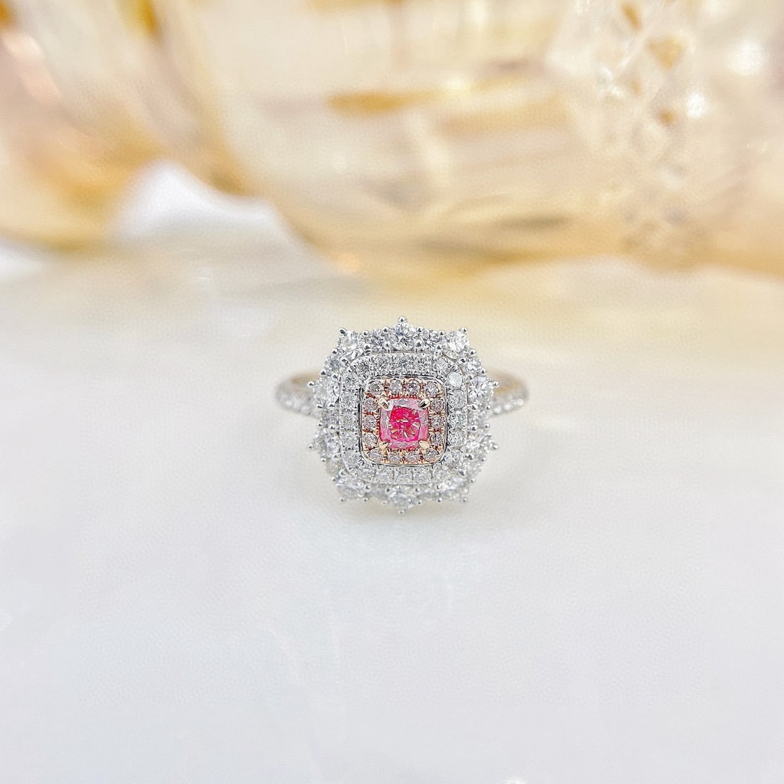 14k Gold 0.87 Ctw Natural Pink Diamond & Diamond Ring: Ref:230956188 // gold content:14k gold // ring size:7. 25us // // main gemstone:pink diamond // shape:cushion // carat weight:0. 18ct // color:pink // treatment:natural // // adjacent gemstone 2 :
