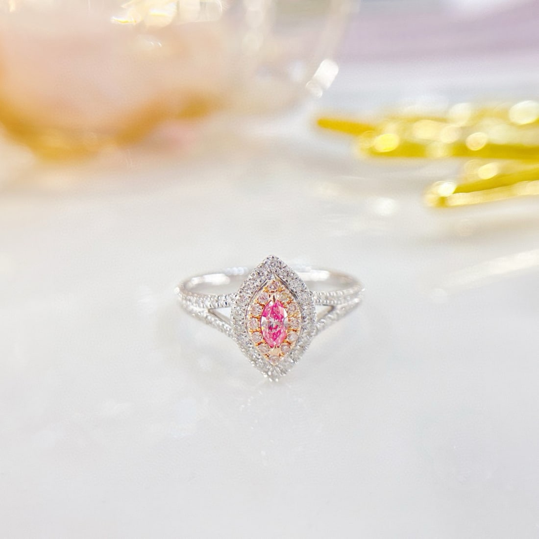 14k Gold 0.45 Ctw Natural Pink Diamond & Diamond Ring: Ref:230956189 // gold content:14k gold // ring size:7. 25us // // main gemstone:pink diamond // shape:marquise // carat weight:0. 10ct // color:pink // treatment:natural // // adjacent gemstone 2