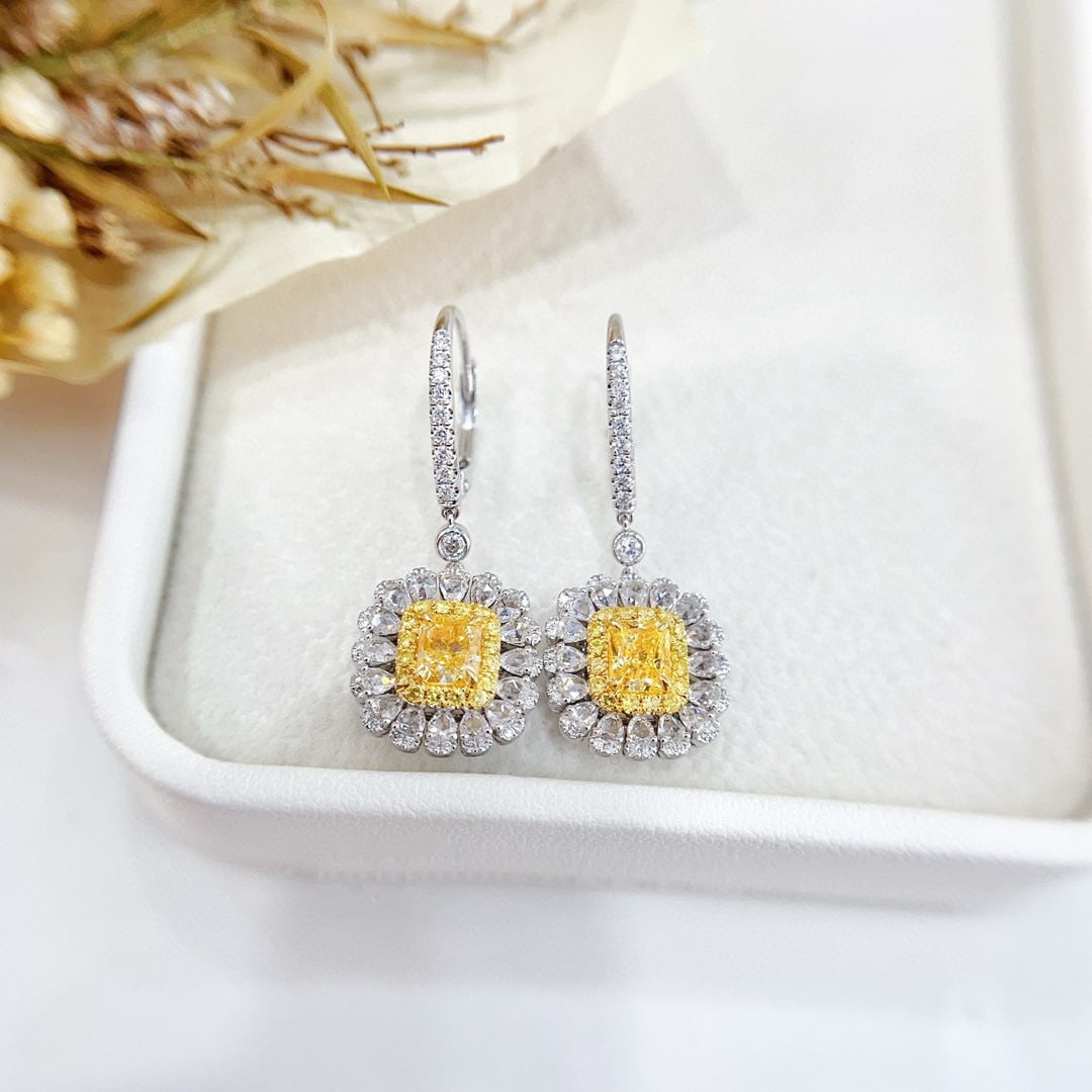 14k Gold 2.08 Ctw Natural Yellow Diamond & Diamond Earrings: Ref:230956199 // gold content:14k gold // main gemstone:yellow diamond // shape:cushion // carat weight:1. 06ct // color:yellow // treatment:natural // // adjacent gemstone 2 : diamond //