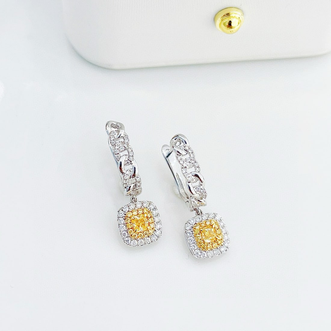 14k Gold 0.80 Ctw Natural Yellow Diamond & Diamond Earrings: Ref:230956212 // gold content:14k gold // main gemstone:yellow diamond // shape:cushion // carat weight:0. 34ct // color:yellow // treatment:natural // // adjacent gemstone 2 : diamond // shape:round