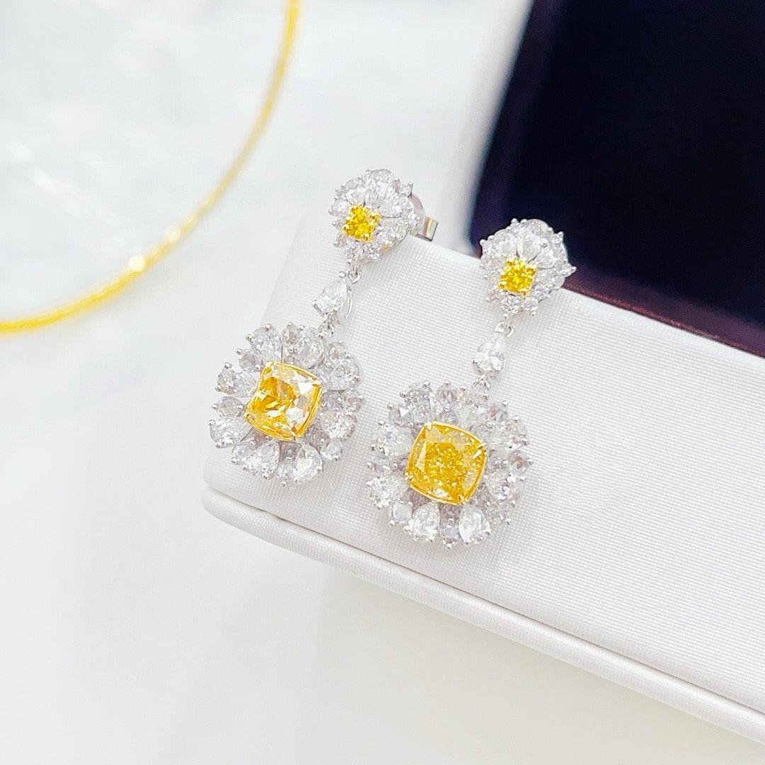 Gia Certified 14k Gold 4.68 Ctw Natural Yellow Diamond & Diamond Earrings - 2