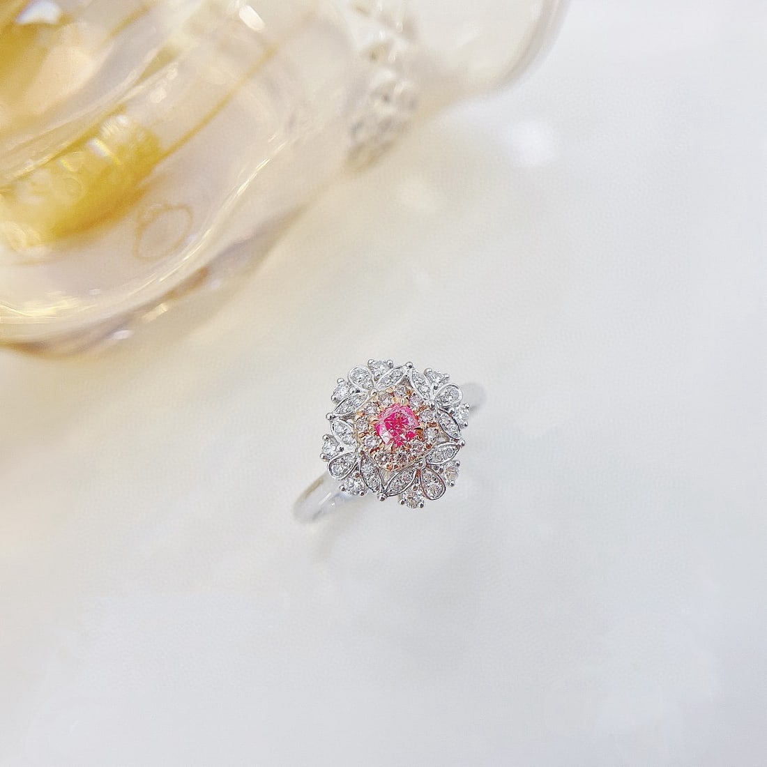 14k Gold 0.44 Ctw Natural Pink Diamond & Diamond Ring: Ref:230956226 // gold content:14k gold // ring size:7. 25us // // main gemstone:pink diamond // shape:cushion // carat weight:0. 13ct // color:pink // treatment:natural // // adjacent gemstone 2 :