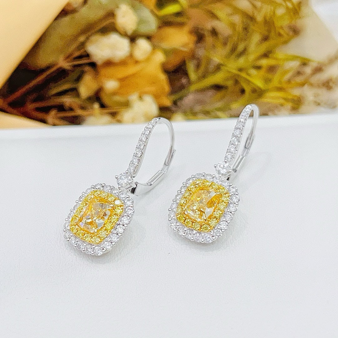 14k Gold 3.02 Ctw Natural Yellow Diamond & Diamond Earrings: Ref:230956227 // gold content:14k gold // main gemstone:yellow diamond // shape:cushion // carat weight:2. 02ct // color:yellow // treatment:natural // // adjacent gemstone 2 : diamond //
