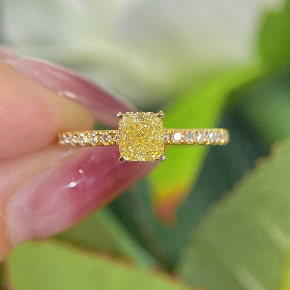 14k Gold 0.80 Ctw Natural Yellow Diamond & Diamond Ring: Ref:230956231 // gold content:14k gold // ring size:7. 25us // // main gemstone:yellow diamond // shape:cushion // carat weight:0. 62ct // color:yellow // treatment:natural // // adjacent gemstone 2 :