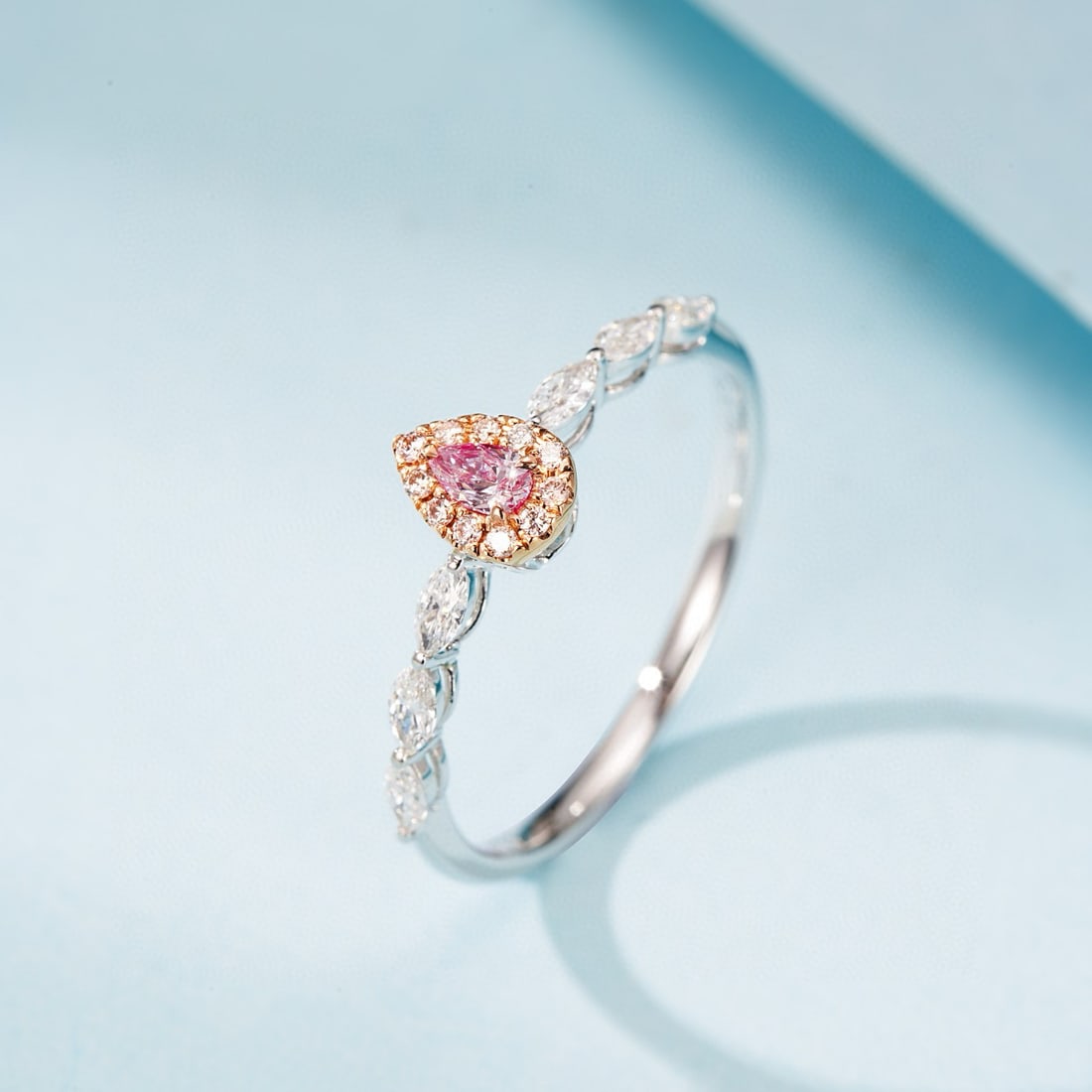 14k Gold 0.35 Ctw Natural Pink Diamond & Diamond Ring: Ref:230956239 // gold content:14k gold // ring size:7. 25us // // main gemstone:pink diamond // shape:pear // carat weight:0. 08ct // color:pink // treatment:natural // // adjacent gemstone 2 :