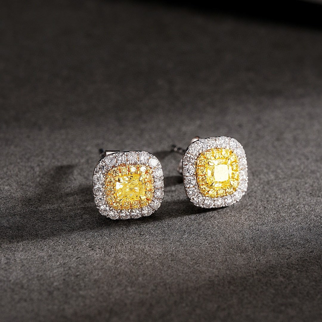 14k Gold 2.27 Ctw Natural Yellow Diamond & Diamond Jewelry Set: Ref:230956259 // gold content:14k gold // ring size:7. 25us // // earrings // main gemstone:yellow diamond // shape:cushion // carat weight:0. 34ct // color:yellow // treatment:natural // //